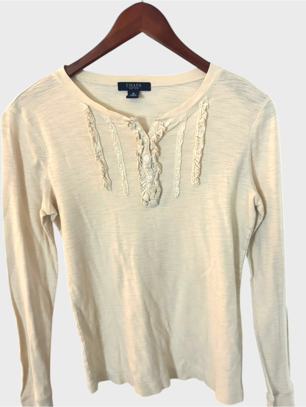 Chaps Cream Ruffle Henley Top 100% Cotton Y2K Size M - Picture 5 of 8